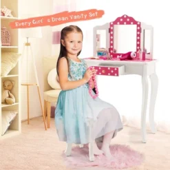 Costway Kid Vanity Set Wooden Makeup Table Stool Tri-Folding Mirror Polka Dot Print Pink -Famous Furniture Store GUEST 01cb290f 51d5 4110 b250 2eb937f16764