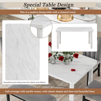 6 PCS Dining Table Set With Marble Veneer Table And 4 Flannelette Upholstered Dining Chairs & Bench-ModernLuxe 6 6 PCS Dining Table Set With Marble Veneer Table And 4 Flannelette Upholstered Dining Chairs & Bench-ModernLuxe - Image 4