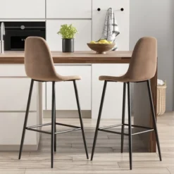 Costway Set Of 2 Bar Stools 29.5'' Velvet Upholstered High Back Bar Chairs Kitchen Brown/Grey