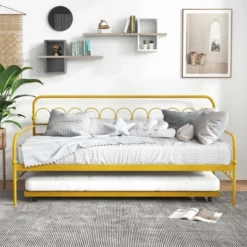 Costway Twin Size Metal Daybed With Trundle Space-Saving Sofa Bed Lockable Wheels Gold -Famous Furniture Store GUEST 0a453ac2 1881 48cd 9841 5ca500056677