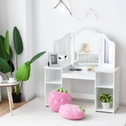 Costway Vanity Table Set Makeup Dressing Kids Girls Study Table Tri Folding Mirror WhitePink -Famous Furniture Store GUEST 0b8cd1cd 2cfe 4b78 a65a d98dc9a1c8ce 1