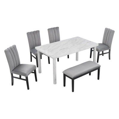 6 PCS Dining Table Set With Marble Veneer Table And 4 Flannelette Upholstered Dining Chairs & Bench-ModernLuxe 9 6 PCS Dining Table Set With Marble Veneer Table And 4 Flannelette Upholstered Dining Chairs & Bench-ModernLuxe - Image 7