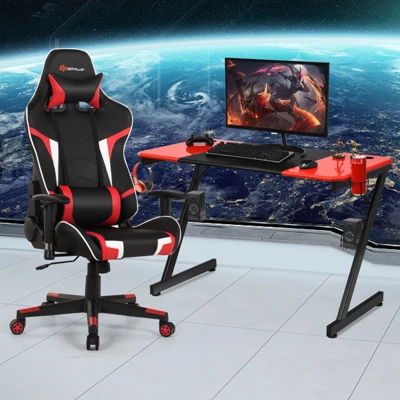 Costway Gaming Desk & Chair Set Z-Shaped Racing Style Desk With Massage Swivel Gaming Chair 3 Costway Gaming Desk & Chair Set Z-Shaped Racing Style Desk With Massage Swivel Gaming Chair