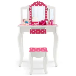 Costway Kid Vanity Set Wooden Makeup Table Stool Tri-Folding Mirror Polka Dot Print Pink -Famous Furniture Store GUEST 0e3340b2 b91d 4461 8b6e a2a48741e247