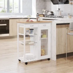 HOMCOM 28" Rolling Kitchen Trolley Serving Cart Storage Cabinet Bamboo Top With Wire Basket & Door Cabinet & Drawers, White 9 HOMCOM 28" Rolling Kitchen Trolley Serving Cart Storage Cabinet Bamboo Top With Wire Basket & Door Cabinet & Drawers, White -Famous Furniture Store GUEST 0e4f8e44 5499 4602 851e 252db73fa67a