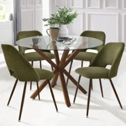 Oliver+Edwin 5-Piece Round Clear Glass Dining Table Set With 4 Upholstered Chairs Walnut Legs -The Pop Maison -Famous Furniture Store GUEST 104b4613 4668 40f9 9905 066a1c3dfeb3
