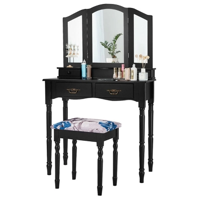 Costway Black Tri Folding Mirror Vanity Makeup Table Stool 4 Drawers 3 Costway Black Tri Folding Mirror Vanity Makeup Table Stool 4 Drawers