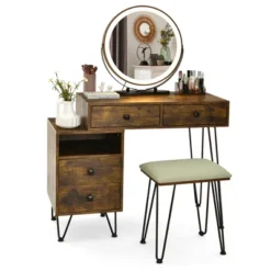 Costway Vanity Table Stool Set Dimmer LED Mirror Large Storage Cabinet Drawer Walnut BlackBrownWhite -Famous Furniture Store GUEST 12719076 f435 4a5a bd0c fa59709fe1e9