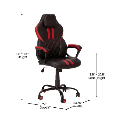 Emma And Oliver Ergonomic High Back Swivel Gaming Chair With Diamond Stitch Black Faux Leather Upholstery With Red Accent Stripes, Padded Arms 9 Emma And Oliver Ergonomic High Back Swivel Gaming Chair With Diamond Stitch Black Faux Leather Upholstery With Red Accent Stripes, Padded Arms - Image 7