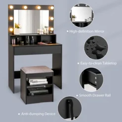 Costway Vanity Table Set With Lighted Mirror 8 LED Bulbs Large Drawer Cushion Stool -Famous Furniture Store GUEST 168a8fbc 0ffd 4e98 afe4 343354f50951