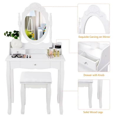 Costway White Vanity Wood Makeup Dressing Table Stool 3 Drawer 7 Costway White Vanity Wood Makeup Dressing Table Stool 3 Drawer - Image 5