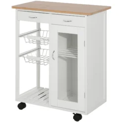 HOMCOM 28" Rolling Kitchen Trolley Serving Cart Storage Cabinet Bamboo Top With Wire Basket & Door Cabinet & Drawers, White 10 HOMCOM 28" Rolling Kitchen Trolley Serving Cart Storage Cabinet Bamboo Top With Wire Basket & Door Cabinet & Drawers, White -Famous Furniture Store GUEST 17c15a63 df11 48e0 b9f3 3766df50ed89