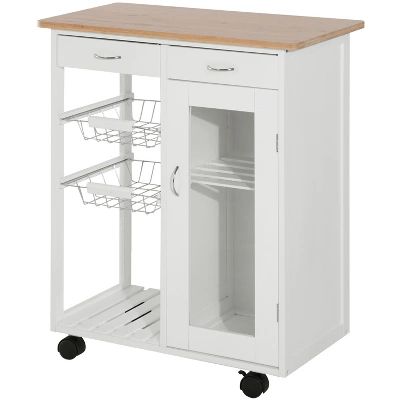HOMCOM 28" Rolling Kitchen Trolley Serving Cart Storage Cabinet Bamboo Top With Wire Basket & Door Cabinet & Drawers, White 5 HOMCOM 28" Rolling Kitchen Trolley Serving Cart Storage Cabinet Bamboo Top With Wire Basket & Door Cabinet & Drawers, White - Image 3