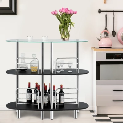 Costway Decorative Storage Cabinets Home Liquor Pub Table W/Tempered Glass Top & 2 Shelves 3 Costway Decorative Storage Cabinets Home Liquor Pub Table W/Tempered Glass Top & 2 Shelves