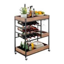 12 Bottles Rustic Walnut Wood And Metal Rolling Farmhouse Style Bar Cart Brown/Black - Danya B. -Famous Furniture Store GUEST 1e7d1ef3 6fa5 4919 9b16 5632c904bc45