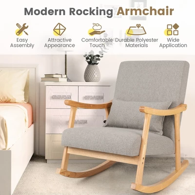 Costway Upholstered Rocking Chair With Pillow Rocking Armchair With Rubber Wood Frame Grey 6 Costway Upholstered Rocking Chair With Pillow Rocking Armchair With Rubber Wood Frame Grey - Image 4