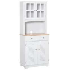 HOMCOM 67" Modern Buffet With Hutch, Louvered Kitchen Pantry Microwave Cabinet With Framed Glass Doors And 2 Drawers, White -Famous Furniture Store GUEST 222e08ab 4f68 4c38 97c6 37c8d6b86790