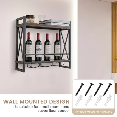 Costway Wall Mounted Wine Rack Industrial 2-Tier Wood Shelf With 3 Stem Glass Holders 6 Costway Wall Mounted Wine Rack Industrial 2-Tier Wood Shelf With 3 Stem Glass Holders - Image 4