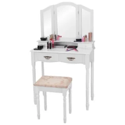 Tangkula Tri Folding Vanity Mirror Makeup Table Set W/4 Drawers & Stool White 13 Tangkula Tri Folding Vanity Mirror Makeup Table Set W/4 Drawers & Stool White -Famous Furniture Store GUEST 2ebae3dc 24dd 4b74 86da 788ca9b1a02c
