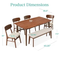Best Choice Products 6-Piece Mid-Century Modern Dining Set, Upholstered Wooden Table & Chair Set W/ 4 Chairs, Bench -Famous Furniture Store GUEST 320cd4be 67c9 4fc4 a9aa c1d6c32cbe23