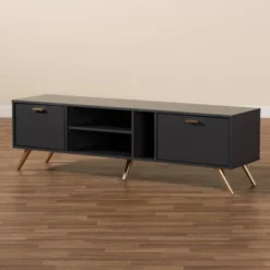 Kelson Wood TV Stand For TVs Up To 55" Dark Gray/Gold - Baxton Studio -Famous Furniture Store GUEST 32da184b 8a9f 48e2 9f95 1562aa0996e6