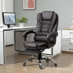 HOMCOM High-Back Executive Office Chair With Footrest, PU Leather Computer Chair With Reclining Function And Armrest, Ergonomic Office Chair, Coffee