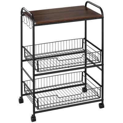 HOMCOM 24" 3-Tier Rolling Kitchen Cart, Utility Storage Trolley With 2 Basket Drawers, Side Hooks For Dining Room 8 HOMCOM 24" 3-Tier Rolling Kitchen Cart, Utility Storage Trolley With 2 Basket Drawers, Side Hooks For Dining Room - Image 6