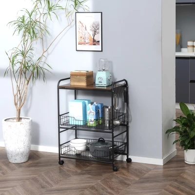 HOMCOM 24" 3-Tier Rolling Kitchen Cart, Utility Storage Trolley With 2 Basket Drawers, Side Hooks For Dining Room 3 HOMCOM 24" 3-Tier Rolling Kitchen Cart, Utility Storage Trolley With 2 Basket Drawers, Side Hooks For Dining Room