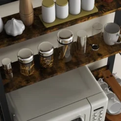 HOMCOM Kitchen Bakers Rack, Microwave Stand, Coffee Bar With Adjustable Shelves, 4 Hooks For Spices, Pots And Pans, Rustic Brown -Famous Furniture Store GUEST 44be7c40 2da8 4784 bb0c 5f6014b9af81