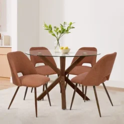 Oliver+Edwin 5-Piece Round Clear Glass Dining Table Set With 4 Upholstered Chairs Walnut Legs -The Pop Maison