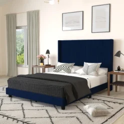 Merrick Lane Modern Upholstered Platform Bed Frame With Padded, Tufted Wingback Headboard And Wood Support Slats, No Box Spring Required