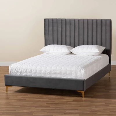 Queen Serrano Velvet Fabric Upholstered And Metal Platform Bed Gray/Gold - Baxton Studio 9 Queen Serrano Velvet Fabric Upholstered And Metal Platform Bed Gray/Gold - Baxton Studio - Image 7