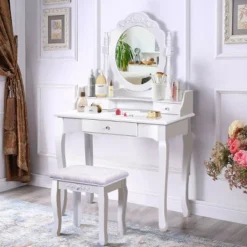 Costway White Vanity Wood Makeup Dressing Table Stool 3 Drawer 11 Costway White Vanity Wood Makeup Dressing Table Stool 3 Drawer -Famous Furniture Store GUEST 48c6e5b9 d0e7 4f43 a537 a388bd942b21