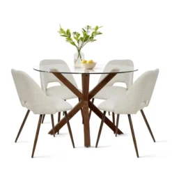 Oliver+Edwin 5-Piece Round Clear Glass Dining Table Set With 4 Upholstered Chairs Walnut Legs -The Pop Maison -Famous Furniture Store GUEST 4c1cffcb 34a7 4835 8d74 bbb3d58a8c49