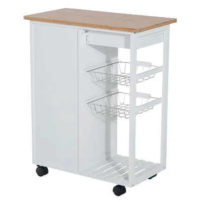HOMCOM 28" Rolling Kitchen Trolley Serving Cart Storage Cabinet Bamboo Top With Wire Basket & Door Cabinet & Drawers, White 8 HOMCOM 28" Rolling Kitchen Trolley Serving Cart Storage Cabinet Bamboo Top With Wire Basket & Door Cabinet & Drawers, White - Image 6