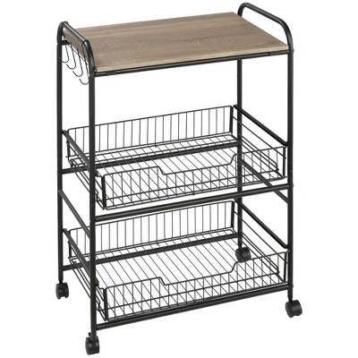 HOMCOM 24" 3-Tier Rolling Kitchen Cart, Utility Storage Trolley With 2 Basket Drawers, Side Hooks For Dining Room 10 HOMCOM 24" 3-Tier Rolling Kitchen Cart, Utility Storage Trolley With 2 Basket Drawers, Side Hooks For Dining Room - Image 8