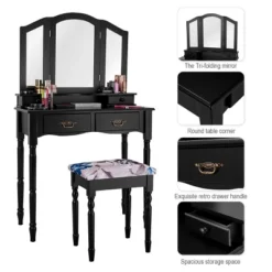Tangkula Tri Folding Vanity Mirror Makeup Table Set W/4 Drawers & Stool White 10 Tangkula Tri Folding Vanity Mirror Makeup Table Set W/4 Drawers & Stool White -Famous Furniture Store GUEST 5ae61dbe 537c 45a8 9872 258bf8bf2dce