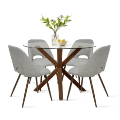 Oliver+Edwin 5-Piece Round Clear Glass Dining Table Set With 4 Upholstered Chairs Walnut Legs -The Pop Maison -Famous Furniture Store GUEST 5b1b0ba4 e19c 4881 8a66 eefae854d86d