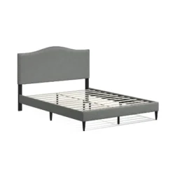 Glenwillow Home Kameli Upholstered Platform Bed Frame, Nailhead Trim Camelback, Mattress Foundation, No Box Spring Needed, Easy Assembly, Stone, Queen
