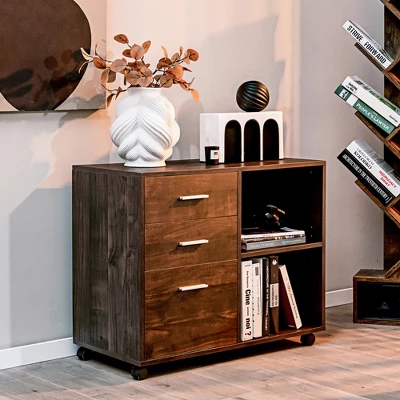 Costway 3-Drawer Wood File Cabinet Mobile Lateral Printer Stand With Open Storage Shelves 5 Costway 3-Drawer Wood File Cabinet Mobile Lateral Printer Stand With Open Storage Shelves - Image 3