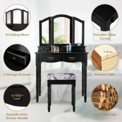Costway Black Tri Folding Mirror Vanity Makeup Table Stool 4 Drawers 17 Costway Black Tri Folding Mirror Vanity Makeup Table Stool 4 Drawers -Famous Furniture Store GUEST 63e8e497 7156 4d7f a37a b000cdd675ca