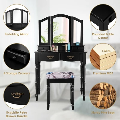 Costway Black Tri Folding Mirror Vanity Makeup Table Stool 4 Drawers 9 Costway Black Tri Folding Mirror Vanity Makeup Table Stool 4 Drawers - Image 7