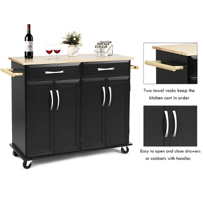 Costway Rolling Kitchen Trolley Island Black Cart Wood Top Storage Cabinet Utility W/ Drawers 7 Costway Rolling Kitchen Trolley Island Black Cart Wood Top Storage Cabinet Utility W/ Drawers - Image 5