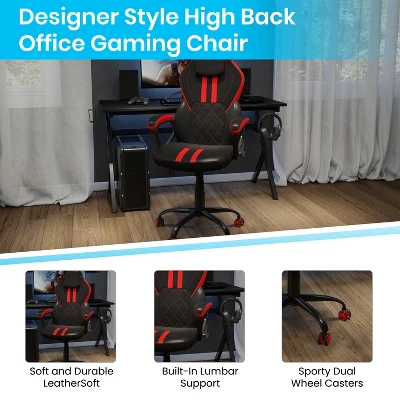 Emma And Oliver Ergonomic High Back Swivel Gaming Chair With Diamond Stitch Black Faux Leather Upholstery With Red Accent Stripes, Padded Arms 8 Emma And Oliver Ergonomic High Back Swivel Gaming Chair With Diamond Stitch Black Faux Leather Upholstery With Red Accent Stripes, Padded Arms - Image 6