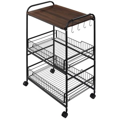 HOMCOM 24" 3-Tier Rolling Kitchen Cart, Utility Storage Trolley With 2 Basket Drawers, Side Hooks For Dining Room 5 HOMCOM 24" 3-Tier Rolling Kitchen Cart, Utility Storage Trolley With 2 Basket Drawers, Side Hooks For Dining Room - Image 3