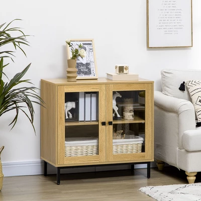 HOMCOM Small Storage Cabinet, Living Room Sideboard Cabinet With Double Glass Doors And Metal Legs For Dining Room Storage, Oak 3 HOMCOM Small Storage Cabinet, Living Room Sideboard Cabinet With Double Glass Doors And Metal Legs For Dining Room Storage, Oak