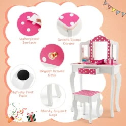 Costway Kid Vanity Set Wooden Makeup Table Stool Tri-Folding Mirror Polka Dot Print Pink -Famous Furniture Store GUEST 6b90b4f6 0959 440b 8ad7 e48d02a71dbe