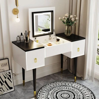 43.3" Modern Vanity Table Set With Flip-Up Mirror, LED Lights And Storage - ModernLuxe 3 43.3" Modern Vanity Table Set With Flip-Up Mirror, LED Lights And Storage - ModernLuxe
