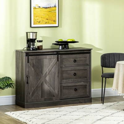 HOMCOM Farmhouse Coffee Bar Cabinet, Kitchen Sideboard, Buffet Cabinet With Sliding Barn Door And 3 Storage Drawers For Living Room, Dark Gray 4 HOMCOM Farmhouse Coffee Bar Cabinet, Kitchen Sideboard, Buffet Cabinet With Sliding Barn Door And 3 Storage Drawers For Living Room, Dark Gray - Image 2