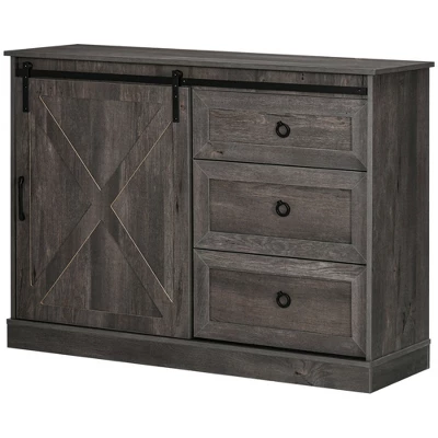 HOMCOM Farmhouse Coffee Bar Cabinet, Kitchen Sideboard, Buffet Cabinet With Sliding Barn Door And 3 Storage Drawers For Living Room, Dark Gray 5 HOMCOM Farmhouse Coffee Bar Cabinet, Kitchen Sideboard, Buffet Cabinet With Sliding Barn Door And 3 Storage Drawers For Living Room, Dark Gray - Image 3